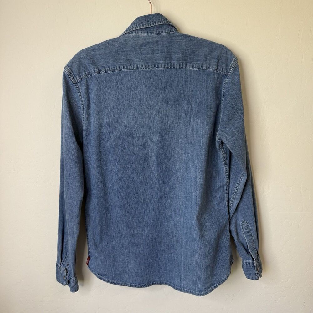 Wrangler Size Medium Indigo Chambray Brown Pearl Snap Button Down Western  Rodeo - Picture 7 of 10